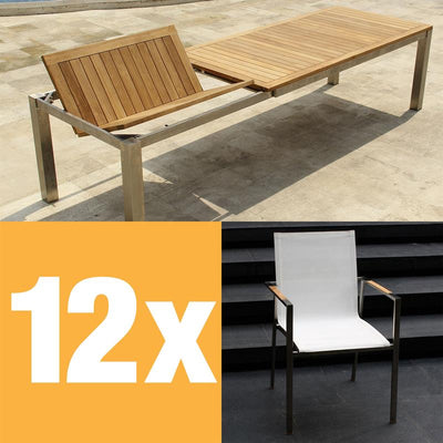 Ensemble de table à rallonge frontale Alzette 310 composé d'une table à rallonge frontale Florence 310/210 x 100 en teck avec structure en acier inoxydable et de chaises empilables Alzette en acier inoxydable avec revêtement Batyline