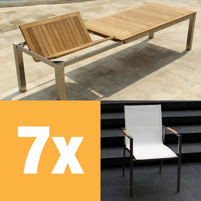 Ensemble de table à rallonge frontale Alzette 310 composé d'une table à rallonge frontale Florence 310/210 x 100 en teck avec structure en acier inoxydable et de chaises empilables Alzette en acier inoxydable avec revêtement Batyline