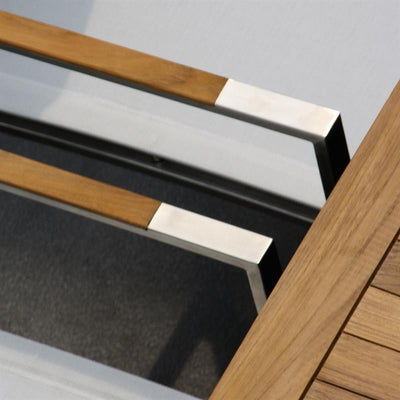 Ensemble de table à rallonge frontale Alzette 310 composé d'une table à rallonge frontale Florence 310/210 x 100 en teck avec structure en acier inoxydable et de chaises empilables Alzette en acier inoxydable avec revêtement Batyline