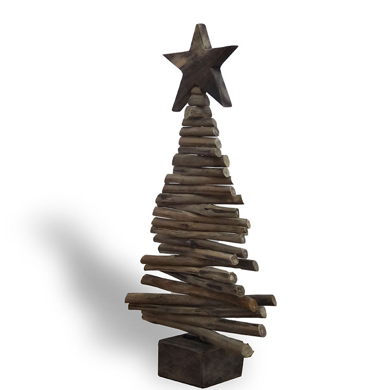 Grand sapin de Noël en teck avec support en bois flotté - env. 25 cm de haut