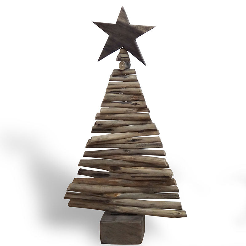 Grand sapin de Noël en teck avec support en bois flotté - env. 25 cm de haut