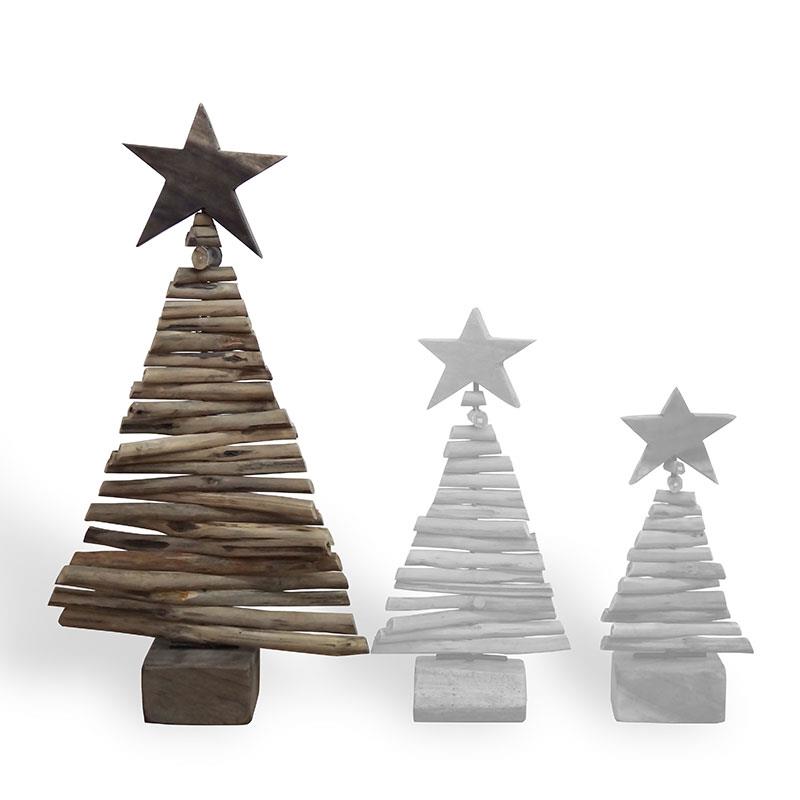 Grand sapin de Noël en teck avec support en bois flotté - env. 25 cm de haut