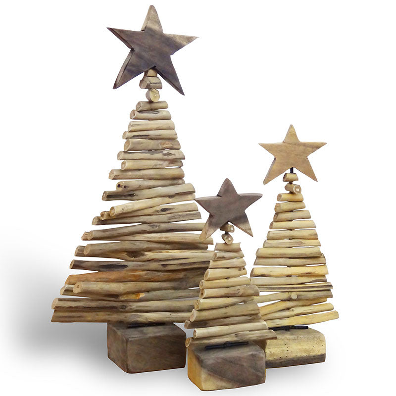 Grand sapin de Noël en teck avec support en bois flotté - env. 25 cm de haut