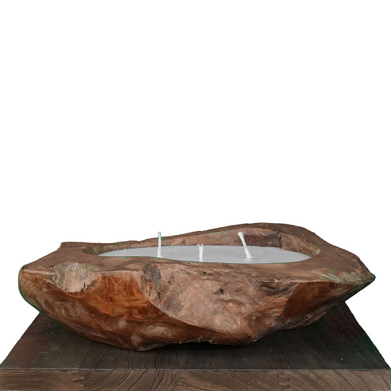 Bol en teck avec cire de bougie petit avec 3 mèches - env. 30 cm de diamètre