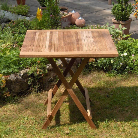 Comforteck Falt Set 85 bestehend aus Comforteck Klapptisch mit halbierter Platte 85x85 mit Picnic Mechanismus und Comforteck Faltstühlen mit Armlehnen Teak mit Edelstahlbeschlägen