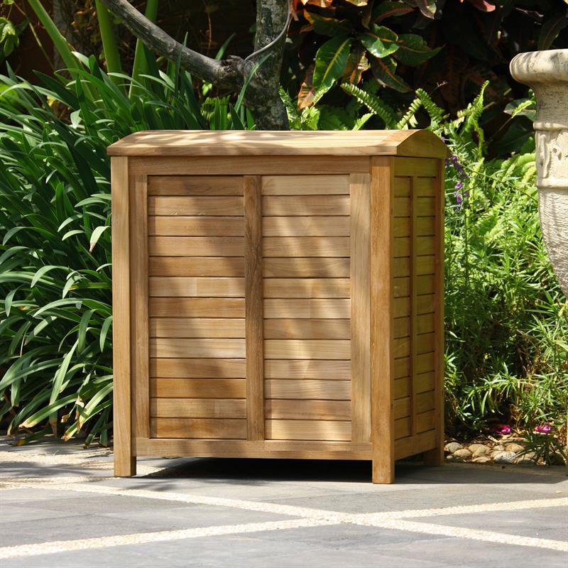 Small garden chest with curved lid made of teak with brass fittings