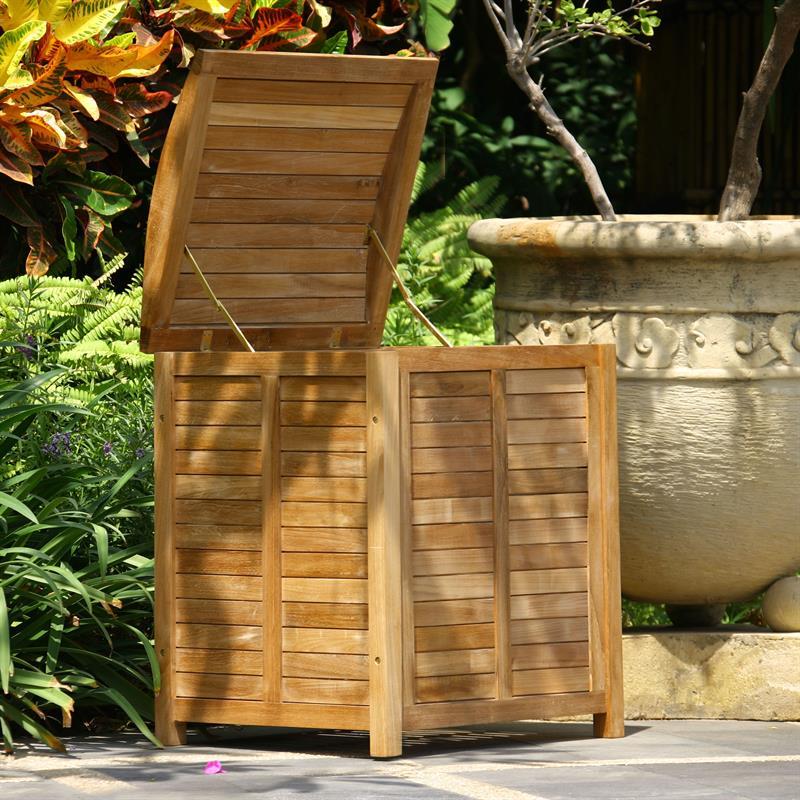 Small garden chest with curved lid made of teak with brass fittings