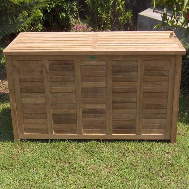 Gartentruhe mit regenabweisendem Deckel groß 123 cm Teak mit Messingbeschlägen