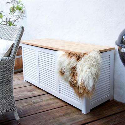 Cinas Aufbewahrungsbox Gartentruhe 130x50x60cm - Zertifiziertes Teak + Mahagonyholz weiß lackiert