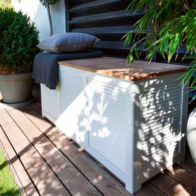 Cinas Aufbewahrungsbox Gartentruhe 130x50x60cm - Zertifiziertes Teak + Mahagonyholz weiß lackiert
