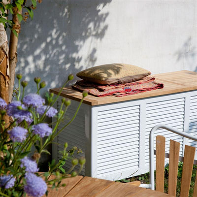 Cinas Aufbewahrungsbox Gartentruhe 130x50x60cm - Zertifiziertes Teak + Mahagonyholz weiß lackiert