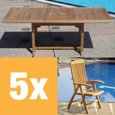 Ensemble Comforteck 205 composé d'une table extensible Comforteck 205/155 x 95 et d'une chaise à dossier haut Comforteck en teck de qualité A avec ferrures en acier inoxydable