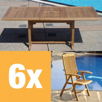 Ensemble Comforteck 205 composé d'une table extensible Comforteck 205/155 x 95 et d'une chaise à dossier haut Comforteck en teck de qualité A avec ferrures en acier inoxydable
