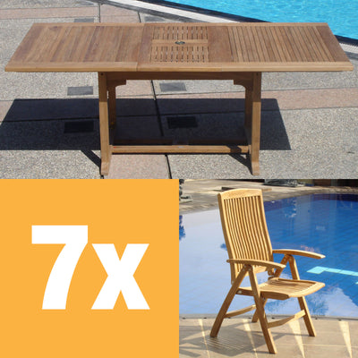 Ensemble Comforteck 205 composé d'une table extensible Comforteck 205/155 x 95 et d'une chaise à dossier haut Comforteck en teck de qualité A avec ferrures en acier inoxydable