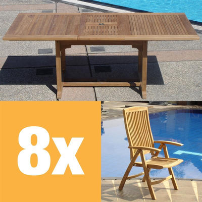 Ensemble Comforteck 205 composé d'une table extensible Comforteck 205/155 x 95 et d'une chaise à dossier haut Comforteck en teck de qualité A avec ferrures en acier inoxydable