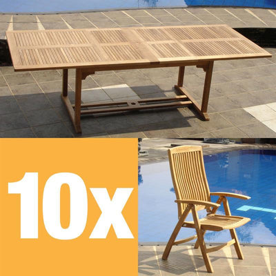 Ensemble Comforteck 260 composé d'une table à double rallonge Comforteck 260/220/180x105 et d'une chaise à dossier haut Comforteck en teck de qualité A avec ferrures en acier inoxydable