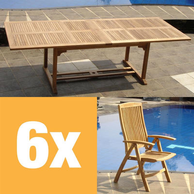 Ensemble Comforteck 260 composé d'une table à double rallonge Comforteck 260/220/180x105 et d'une chaise à dossier haut Comforteck en teck de qualité A avec ferrures en acier inoxydable