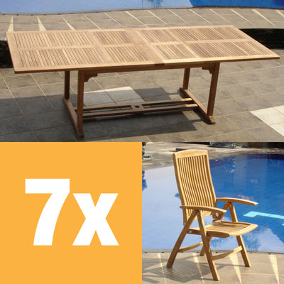 Ensemble Comforteck 260 composé d'une table à double rallonge Comforteck 260/220/180x105 et d'une chaise à dossier haut Comforteck en teck de qualité A avec ferrures en acier inoxydable