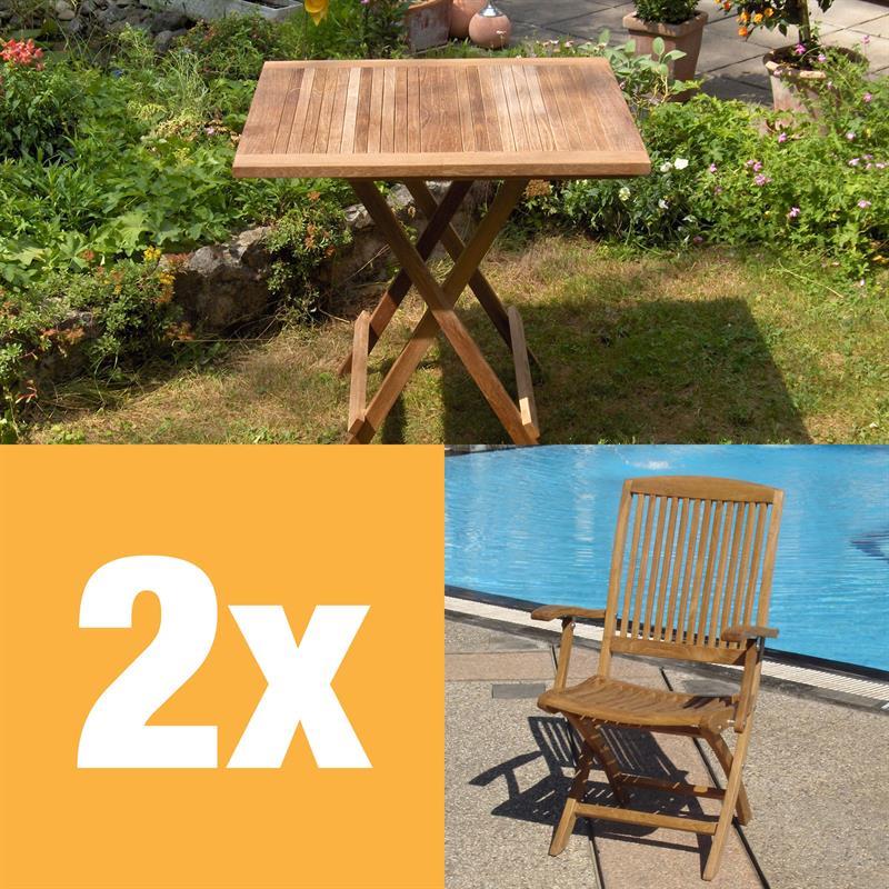Comforteck Folding Set 85 consisting of Comforteck folding table with half plate 85x85 with picnic mechanism and Comforteck folding chairs with armrests teak with stainless steel fittings
