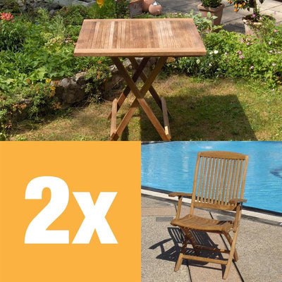 Comforteck Folding Set 85 consisting of Comforteck folding table with half plate 85x85 with picnic mechanism and Comforteck folding chairs with armrests teak with stainless steel fittings