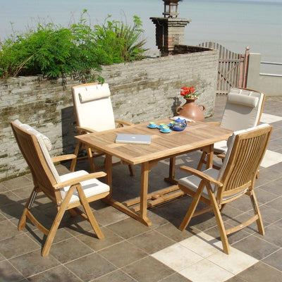 Ensemble Comforteck 205 composé d'une table extensible Comforteck 205/155 x 95 et d'une chaise à dossier haut Comforteck en teck de qualité A avec ferrures en acier inoxydable