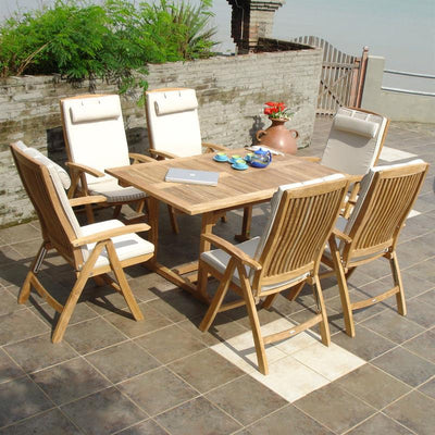 Ensemble Comforteck 205 composé d'une table extensible Comforteck 205/155 x 95 et d'une chaise à dossier haut Comforteck en teck de qualité A avec ferrures en acier inoxydable
