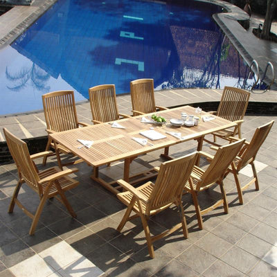 Ensemble Comforteck 260 composé d'une table à double rallonge Comforteck 260/220/180x105 et d'une chaise à dossier haut Comforteck en teck de qualité A avec ferrures en acier inoxydable