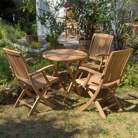 Comforteck Falt Set 70 bestehend aus Comforteck Klapptisch rund 70 und Comforteck Faltstühlen mit Armlehnen Teak mit Edelstahlbeschlägen