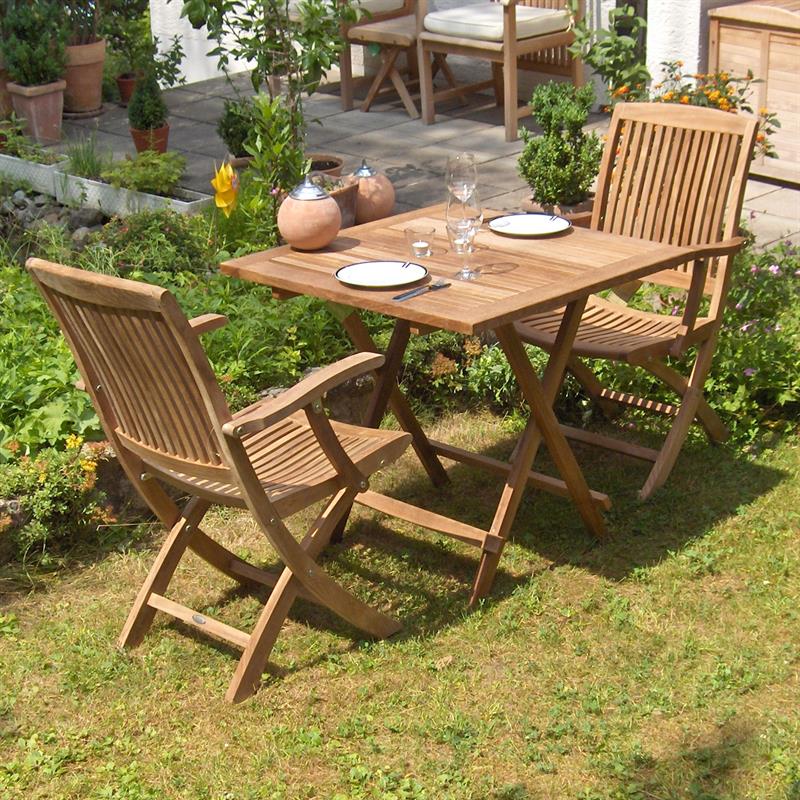 Comforteck Folding Set 85 consisting of Comforteck folding table with half plate 85x85 with picnic mechanism and Comforteck folding chairs with armrests teak with stainless steel fittings