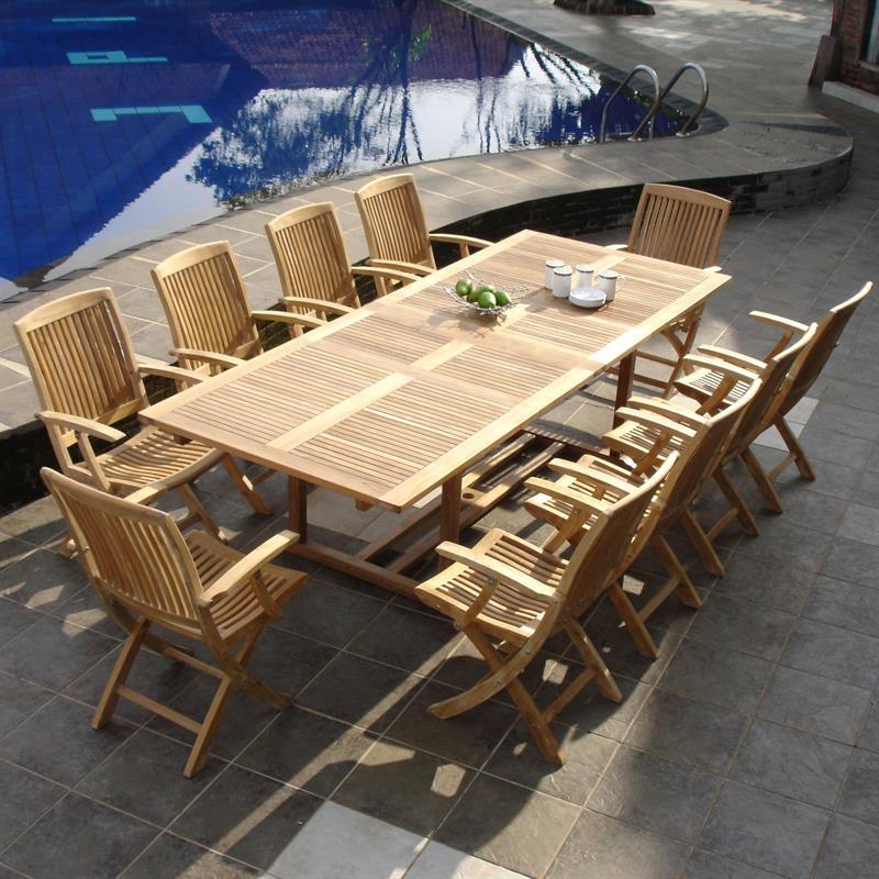 Ensemble Comforteck 260 composé d'une table à double rallonge Comforteck 260/220/180x105 et d'une chaise à dossier haut Comforteck en teck de qualité A avec ferrures en acier inoxydable