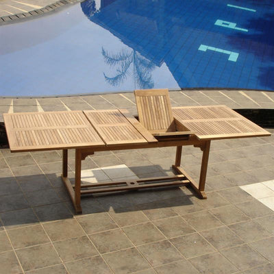 Ensemble Comforteck 260 composé d'une table à double rallonge Comforteck 260/220/180x105 et d'une chaise à dossier haut Comforteck en teck de qualité A avec ferrures en acier inoxydable