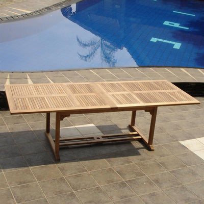 Ensemble Comforteck 260 composé d'une table à double rallonge Comforteck 260/220/180x105 et d'une chaise à dossier haut Comforteck en teck de qualité A avec ferrures en acier inoxydable
