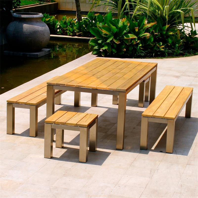Ensemble de bancs Zilart en teck de qualité A 160/2/2 composé d'une table à manger Zilart 160 x 100 avec 2 bancs de jardin sans dossier 140 x 45 et 2 tables d'appoint/tabourets 50 x 50