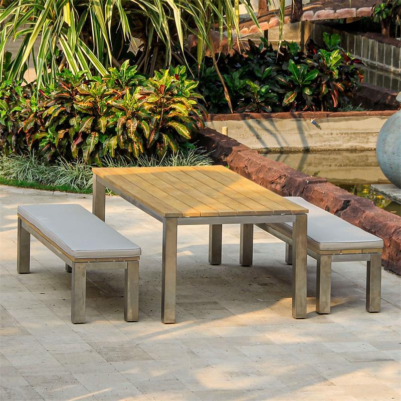 Ensemble de bancs Zilart en teck de qualité A 160/2 composé d'une table à manger 160 x 100 et de 2 bancs de jardin sans dossier 140 x 45