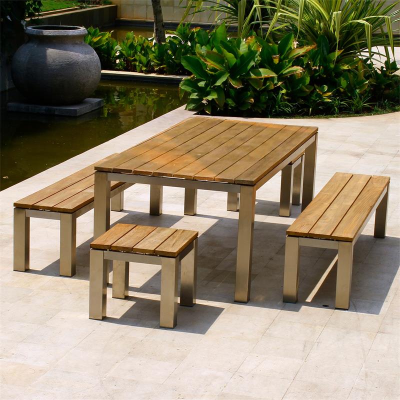 Zilart Gartenbank ohne Rückenlehne 190x45 cm - Vintage Teak gebürstet + Edelstahlgestell