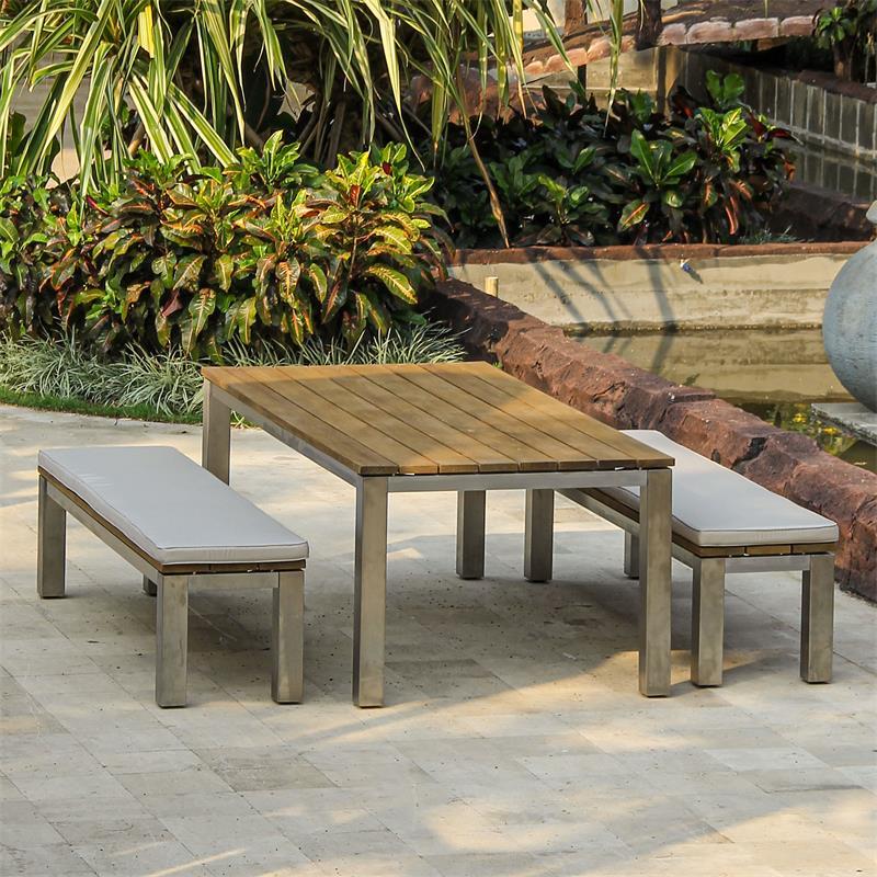 Zilart Gartenbank ohne Rückenlehne 190x45 cm - Vintage Teak gebürstet + Edelstahlgestell