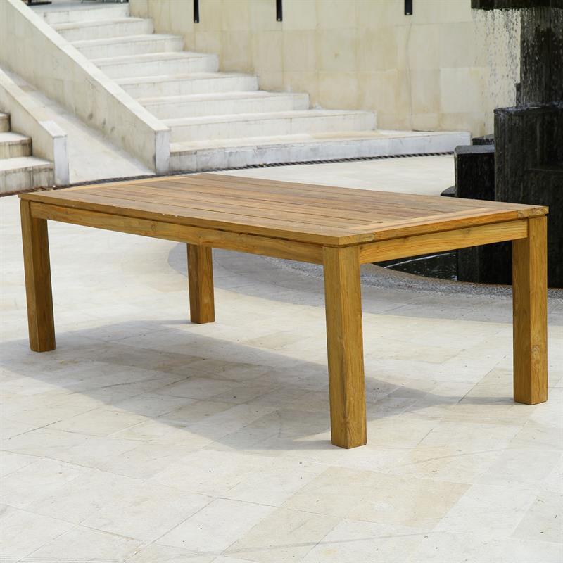 Table à manger Dusun 240 x 100 x 77 cm en teck recyclé - pieds : 9 x 9 cm, poutre : 7 cm, plateau : 3 cm