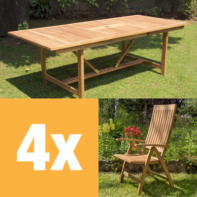 Ensemble de fauteuils inclinables Elegance 220 composé d'une table extensible Elegance 220/160 x 100 et de dossiers hauts en teck GRADE A + ferrures en laiton