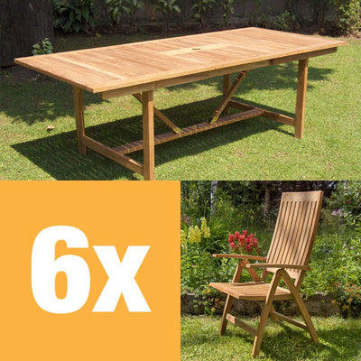 Ensemble de fauteuils inclinables Elegance 220 composé d'une table extensible Elegance 220/160 x 100 et de dossiers hauts en teck GRADE A + ferrures en laiton