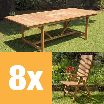 Ensemble de fauteuils inclinables Elegance 220 composé d'une table extensible Elegance 220/160 x 100 et de dossiers hauts en teck GRADE A + ferrures en laiton