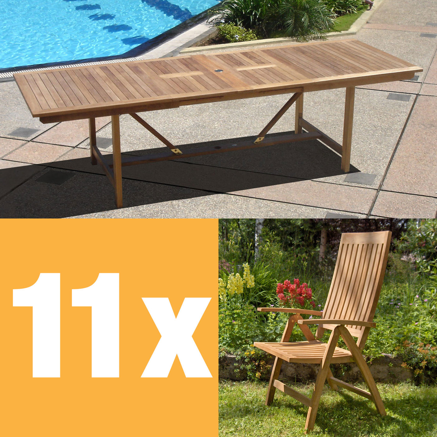 Elegance Recliner Set 280 bestehend aus Elegance Doppelausziehtisch 280/235/190x100 und Hochlehnern Teak mit Messingbeschlägen