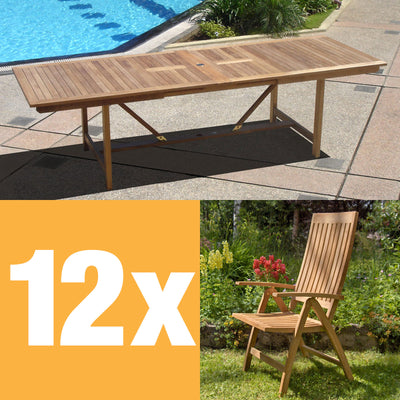 Ensemble de fauteuils inclinables Elegance 280 composé d'une table à double rallonge Elegance 280/235/190x100 et de chaises à dossier haut en teck avec ferrures en laiton
