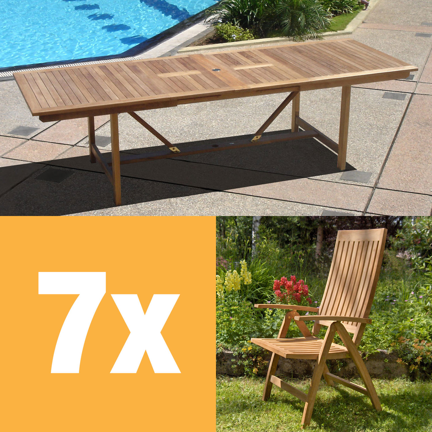 Elegance Recliner Set 280 bestehend aus Elegance Doppelausziehtisch 280/235/190x100 und Hochlehnern Teak mit Messingbeschlägen