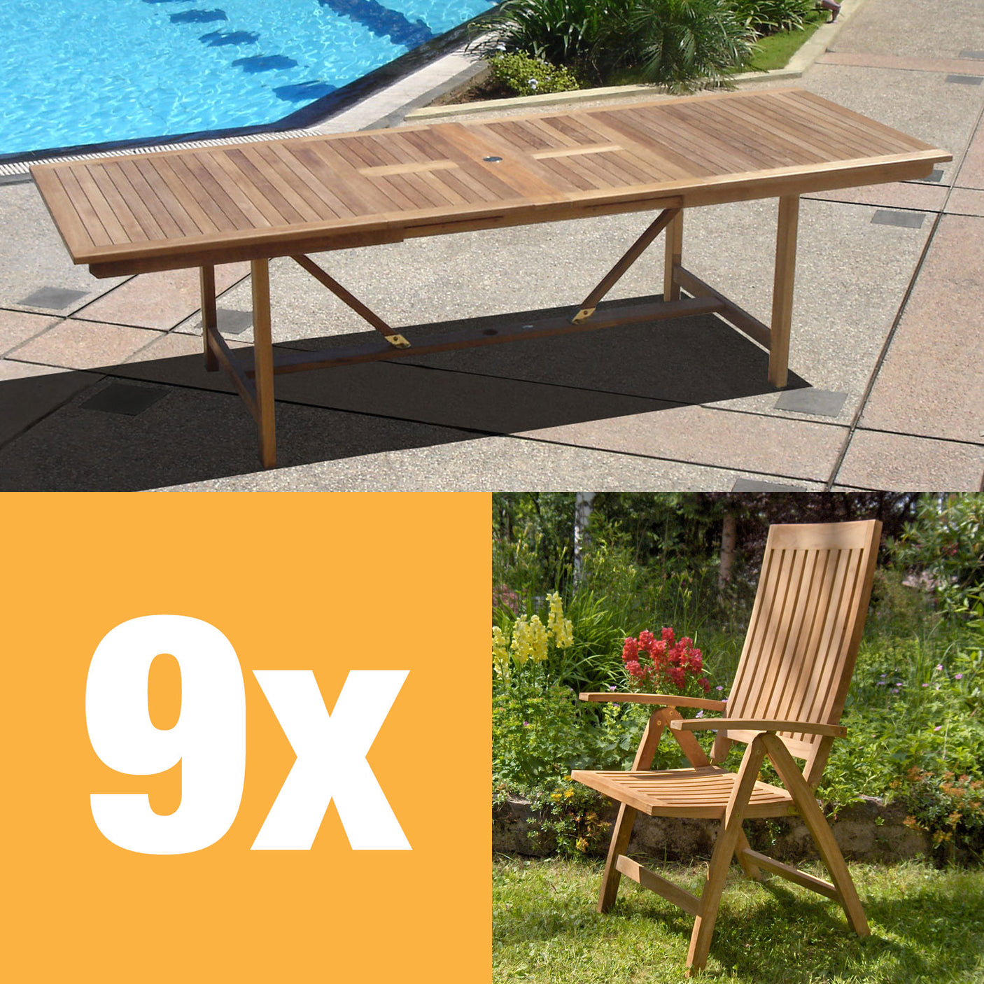 Elegance Recliner Set 280 bestehend aus Elegance Doppelausziehtisch 280/235/190x100 und Hochlehnern Teak mit Messingbeschlägen