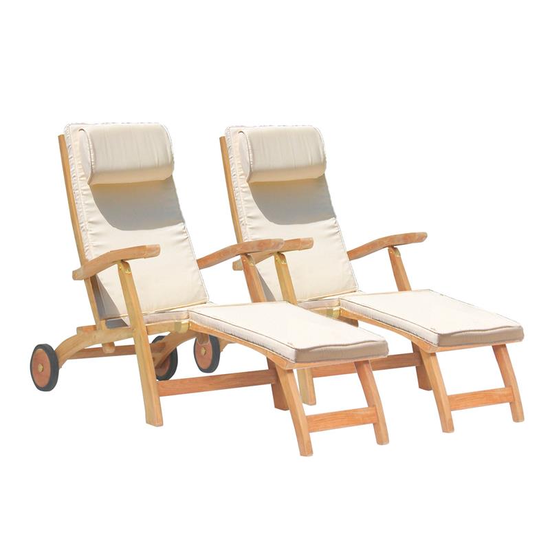 Ensemble de 2 chaises longues à roulettes Elegance composé de 2 chaises longues à roulettes et de 2 coussins en Sunproof avec coussin de nuque