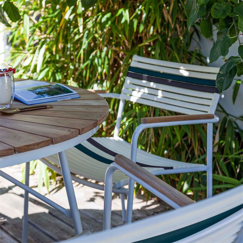 Mood Air stacking chair white/white+grey/petrol aluminum powder-coated with teak armrests