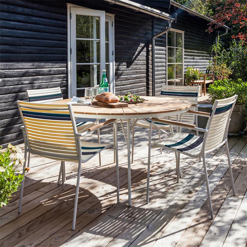 Mood Classic stacking chair white/white+grey/petrol aluminum powder-coated with teak armrests