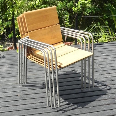 Ensemble de chaises empilables Fides 150 composé d'une table à manger Fides 150 x 100 et de chaises empilables Fides en teck avec acier inoxydable