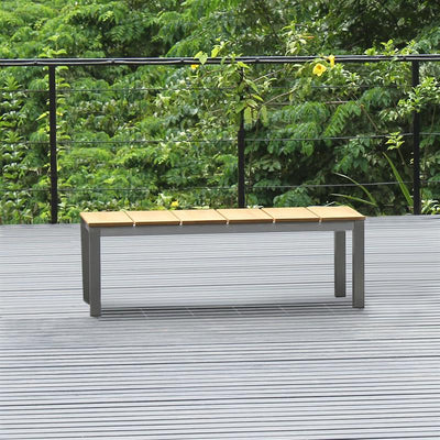 Ensemble de bancs Fides 150/2 composé d'une table à manger Fides 150 x 100 en teck avec structure en acier inoxydable et de 2 bancs de jardin Fides sans dossier 130 x 45 cm en teck avec acier inoxydable