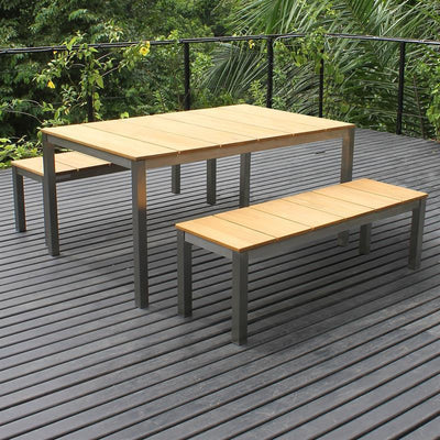 Ensemble de bancs Fides 150/2 composé d'une table à manger Fides 150 x 100 en teck avec structure en acier inoxydable et de 2 bancs de jardin Fides sans dossier 130 x 45 cm en teck avec acier inoxydable